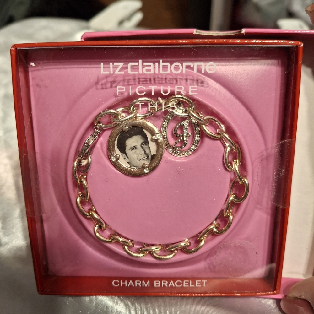 Liz Claiborne Silver "J" Charm With Picture Frame Charm Bracelet New In Box